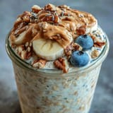 A creamy jar of High-Protein Peanut Butter Overnight Oats, garnished with chopped peanuts and fresh blueberries for a healthy breakfast.