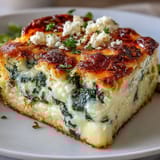 Sliced serving of High Protein Spinach Artichoke Bake on a white plate, showing fluffy egg-based texture and chopped artichokes.