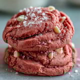 Overhead shot of Pink Velvet Cookies dough balls with white chocolate chips on a parchment-lined baking sheet before baking.