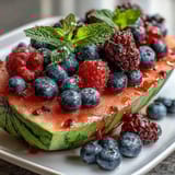 Beautiful carved watermelon filled with juicy berries and grapes, elegantly arranged on a serving board for festive gatherings.