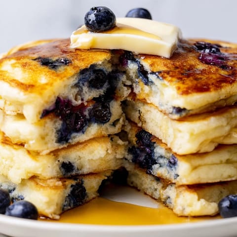 A stack of warm blueberry pancakes, studded with juicy blueberries, perfect for a cozy morning meal.