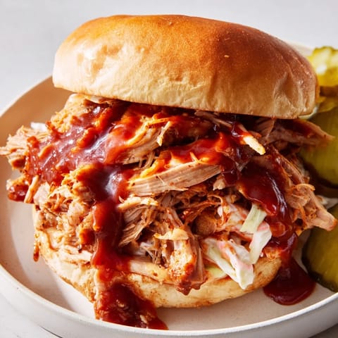 This flavorful pulled pork sandwich, slow-cooked to tender perfection, is dripping with barbecue sauce.