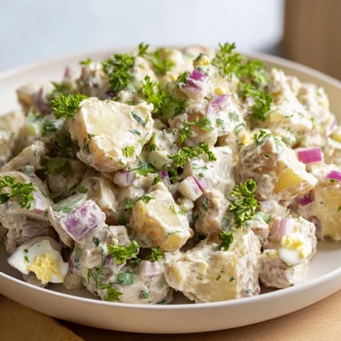 Chilled potato salad ready to serve, a delicious and classic side dish for summer.