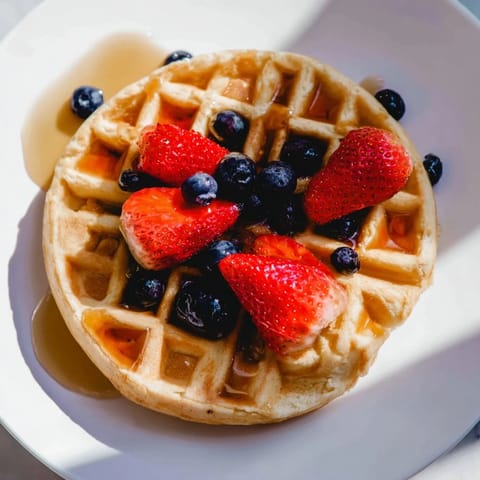 Fluffy golden waffles piled high, ready to be enjoyed with fresh seasonal berries and syrup.