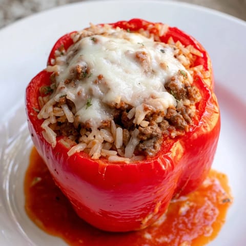 A baking dish showcases juicy, vibrant Stuffed Bell Peppers simmering in rich tomato sauce.