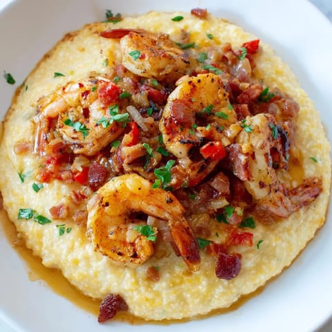 Sizzling shrimp sit atop savory grits, a classic Southern comfort food dish of Shrimp and Grits.