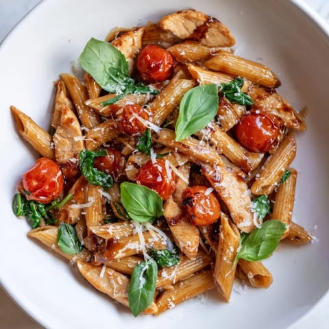 Colorful bowl of balsamic glazed chicken pasta featuring sautéed cherry tomatoes, spinach, and golden chicken strips over al dente pasta.