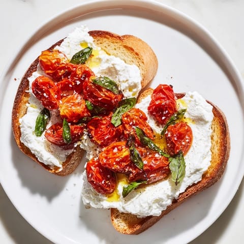 Fresh basil leaves top a slice of tomato ricotta toast with glistening olive oil drizzled over caramelized cherry tomatoes and smooth whipped ricotta.