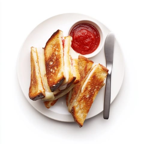 A close-up of a grilled cheese with mozzarella sticks, showcasing gooey cheese pull and a buttery, golden-brown crust.  