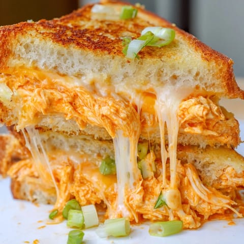 Golden toasted sourdough sandwiches stuffed with spicy Buffalo chicken ranch grilled cheese and melted sharp cheddar.