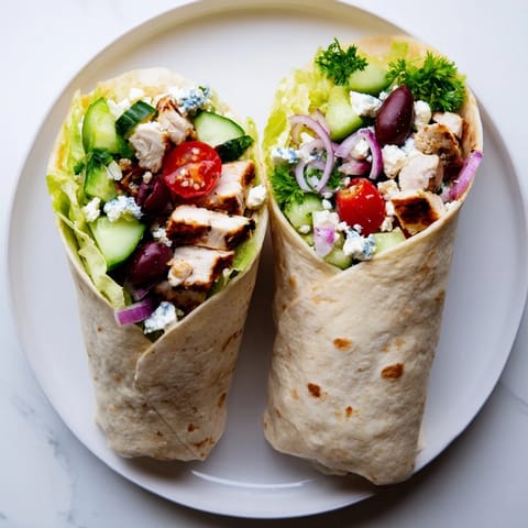 A close-up of a Greek Lemon Chicken Salad Wrap sliced to reveal juicy chicken, crisp cucumber, and feta.