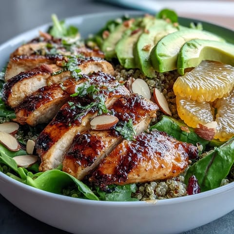 Freshly assembled Citrus Herb Chicken Salad Bowl in a white ceramic bowl, garnished with toasted almonds and a drizzle of citrus vinaigrette.  