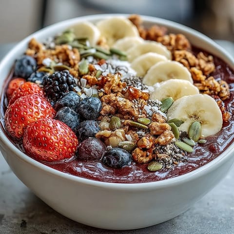 Thick, purple acai berry smoothie bowl topped with sliced banana, fresh berries, chia seeds, and crunchy granola.