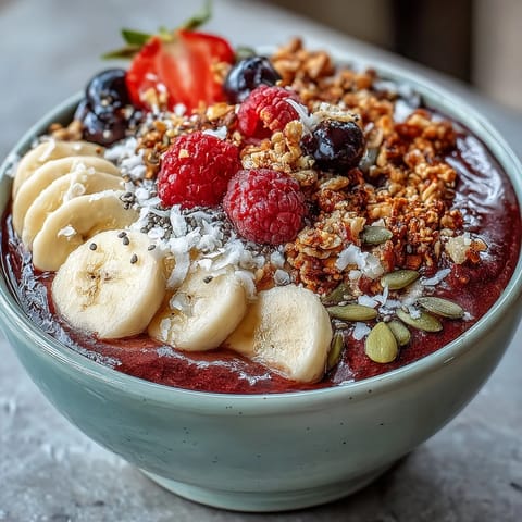 Vibrant breakfast bowl features a smooth acai berry base piled with strawberries, blueberries, coconut, and seeds.