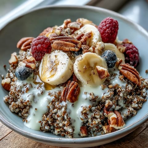 Hearty Buckwheat Groats Breakfast served warm with mixed nuts and a sprinkle of cinnamon, alongside a glass of milk for a cozy morning meal.  