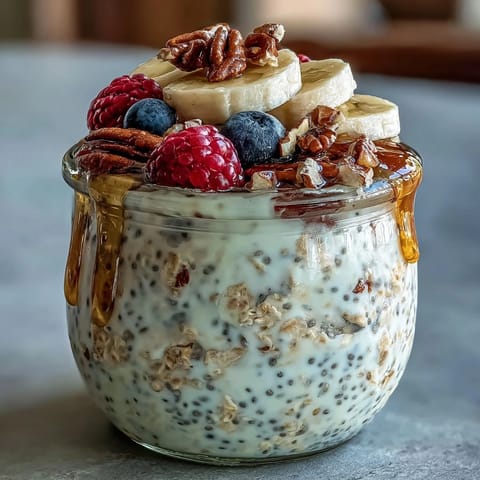 A jar of overnight oats with chia seeds layered with fresh berries and sliced banana for a nutritious breakfast.