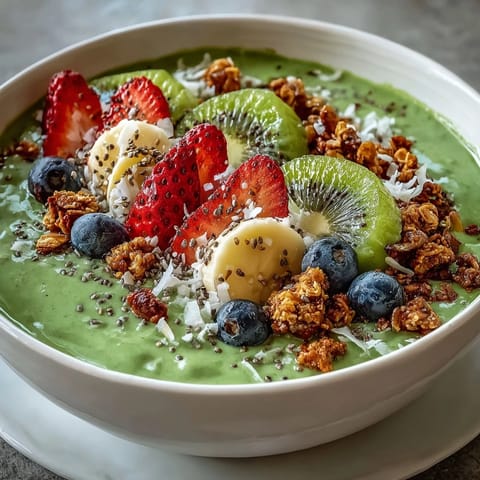 A vibrant green smoothie bowl topped with crunchy granola, fresh fruit, and chia seeds for a refreshing breakfast or snack.