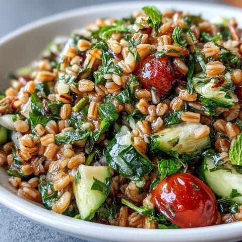 A vibrant bowl of Barley and Herb Salad showcases chewy pearl barley mingled with fresh parsley, mint, and dill, tossed in a zesty lemon vinaigrette.  