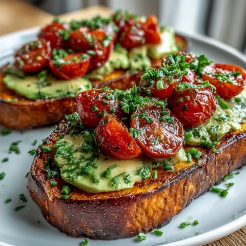 Golden roasted sweet potato toast slices topped with sliced avocado, cherry tomatoes, and fresh herbs, served warm on a rustic wooden board.