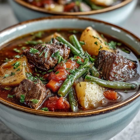 Steaming Dutch oven filled with Beef and Vegetable Soup, featuring tender beef, carrots, and potatoes.