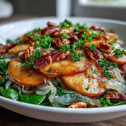 Warm Apple and Sauerkraut Skillet Salad with caramelized apples and onions glowing in a cast iron pan.