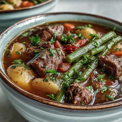 A hearty bowl of Beef and Vegetable Soup garnished with fresh parsley, served beside crusty bread.