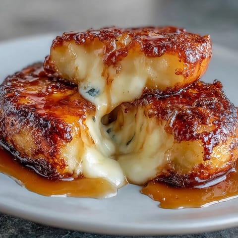 Freshly pan-fried Chīzu Imomochi with melty cheese oozing from the soft potato dumpling center, garnished with sesame seeds.