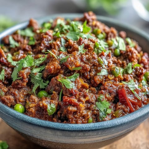 A hearty scoop of Venison Keema Curry reveals aromatic spices and fresh cilantro garnish.