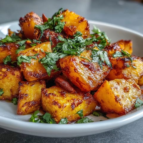 Golden roasted celeriac chunks simmer in a creamy coconut curry sauce, garnished with fresh cilantro and toasted cashews for a vegetarian main.