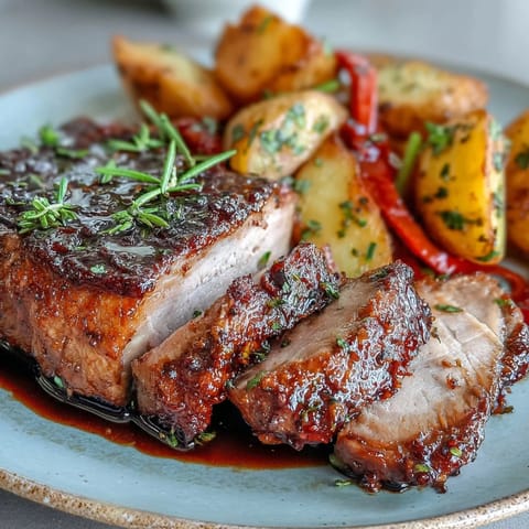 Sliced marinated Ibérico pork fillet with roasted potatoes and red peppers, plated for a Spanish dinner.