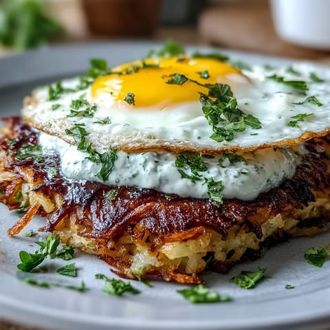 Golden-brown celeriac rösti topped with a fried egg and vibrant harissa yogurt, served with lemon wedges.