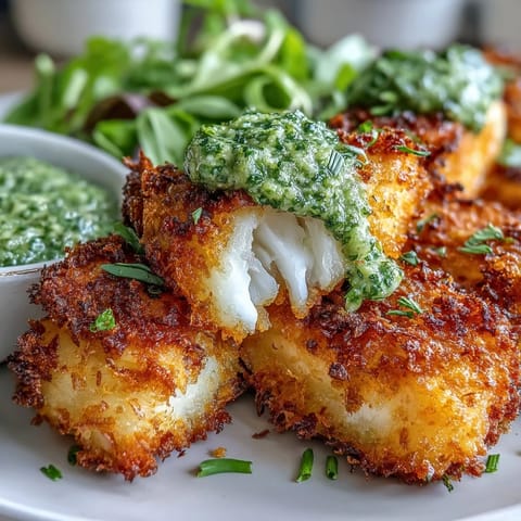 Crispy baked haddock goujons with Parmesan crust are served on a platter with vibrant green pea pesto for dipping.