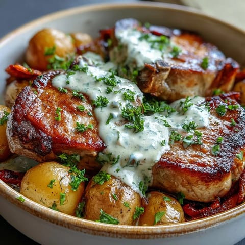 Hearty Crockpot Ranch Pork Chops drizzled with velvety ranch sauce, garnished with fresh parsley alongside slow-cooked baby potatoes and carrots.