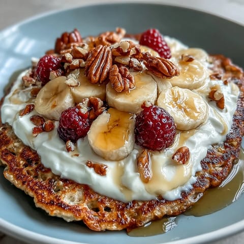 Drizzling honey over a Protein Pancake Bowl featuring warm oats, bananas, and a generous dollop of tangy Greek yogurt.