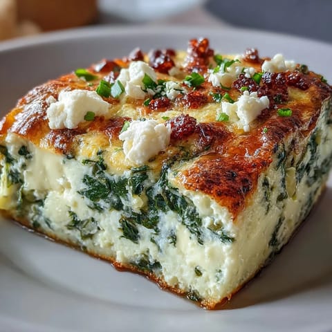 Golden-brown High Protein Spinach Artichoke Bake fresh from the oven, bubbling with creamy cottage cheese, feta, and spinach.