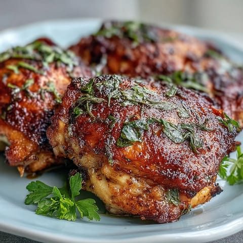 Freshly baked Crispy Baked Bone-In Chicken Thighs showing well-seasoned dark meat and lemon wedges for garnish.