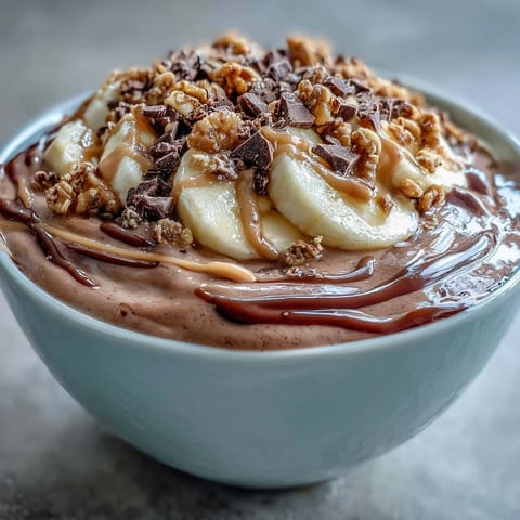 Rich and creamy Chocolate Peanut Butter Smoothie Bowl in a white bowl, garnished with granola and fresh banana slices for breakfast.