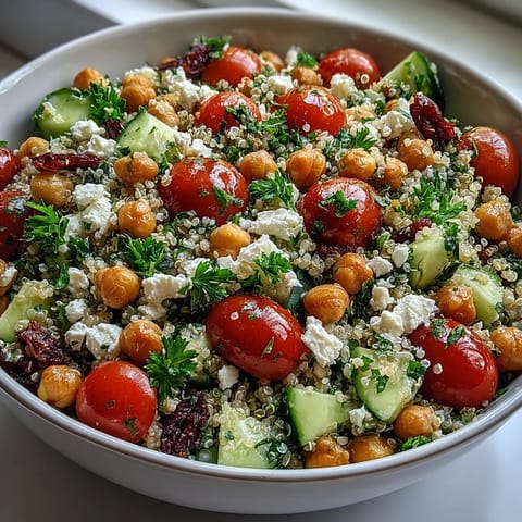 Colorful Mediterranean quinoa and chickpea salad topped with crumbled feta, fresh herbs, and diced vegetables.