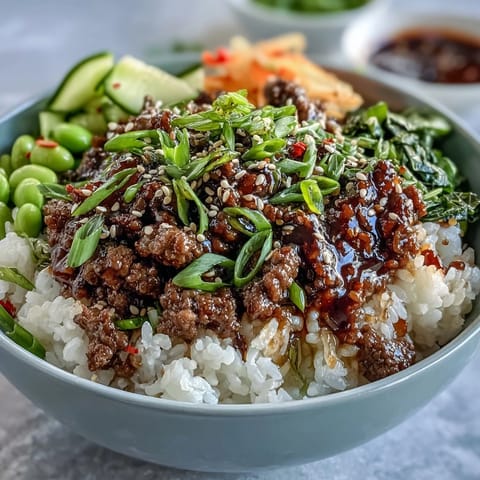 Steaming Korean Ground Beef Bowl with fluffy rice, crunchy carrots, and spicy kimchi on a rustic table.