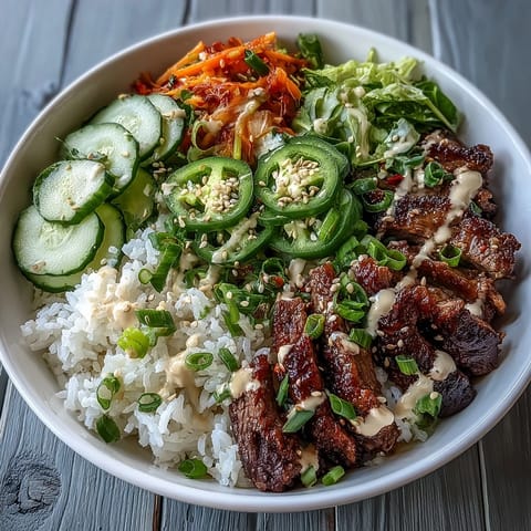 Close-up of a Korean Beef Power Bowl featuring juicy beef, crisp veggies, and a creamy drizzle on steamed rice.
