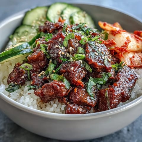 Korean Beef Bowl with spicy gochujang-glazed beef, pickled vegetables, and fresh cucumber over white rice.