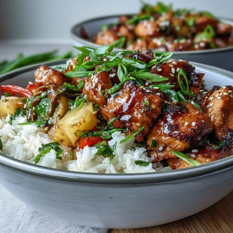 Glazed teriyaki chicken and rice bowl with fluffy rice, crisp stir-fried veggies, and fresh pineapple garnish.