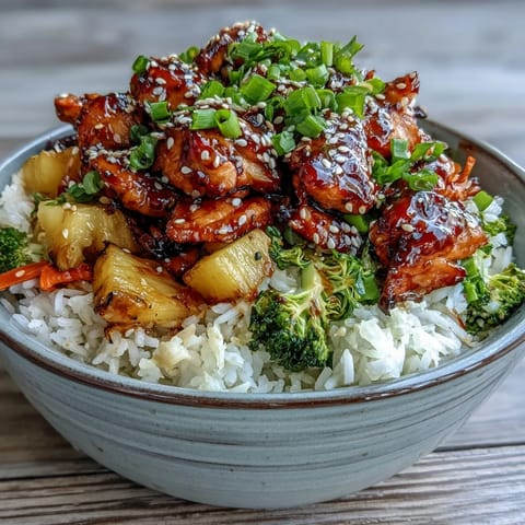 Steaming teriyaki chicken and rice bowl topped with colorful vegetables, scallions, and toasted sesame seeds.