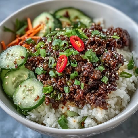 Close-up of Easy Korean Beef Bowl with savory ground beef simmered in spicy gochujang sauce, served over fluffy white rice.