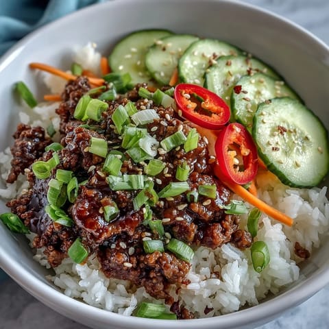 Bright plating of Easy Korean Beef Bowl featuring cauliflower rice, crisp cucumber slices, and julienned carrots topped with sesame seeds.