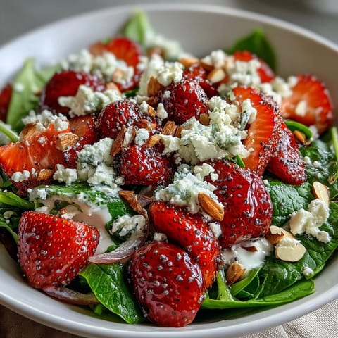 Fresh strawberry spinach salad with poppyseed dressing, topped with feta and toasted nuts, a perfect spring dish.  