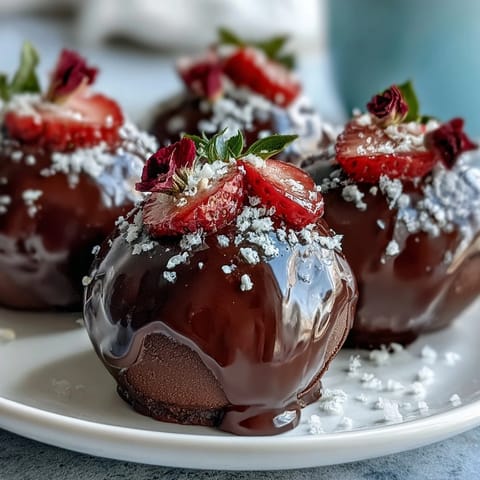 Dubai-style strawberry truffles with dark chocolate shell, elegantly coated in glossy dark chocolate and sprinkled with crushed pistachios