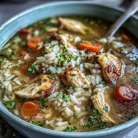 A steaming bowl of Easy Chicken Run One-Pot Chicken and Rice Soup, packed with tender chicken, fluffy rice, and vibrant vegetables in a savory broth.
