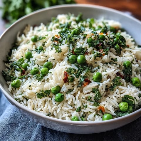 A vibrant Spring Pea and Mint Rice Pilaf with tender peas and fresh mint, served as a fragrant side dish.  