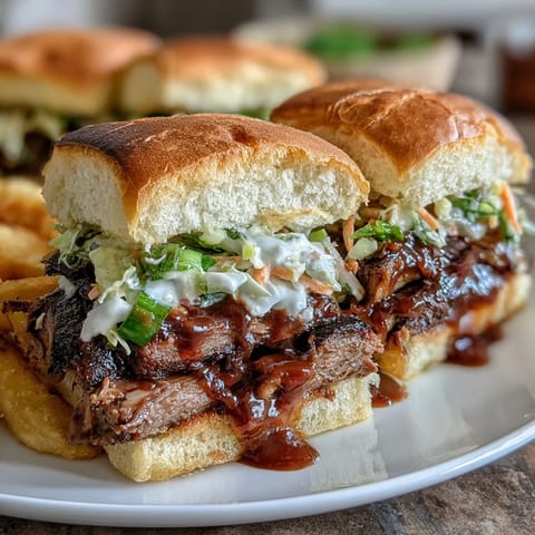 1. Smoky BBQ baby shower brisket sliders piled high with tender beef, tangy sauce, and crisp coleslaw on soft slider buns.